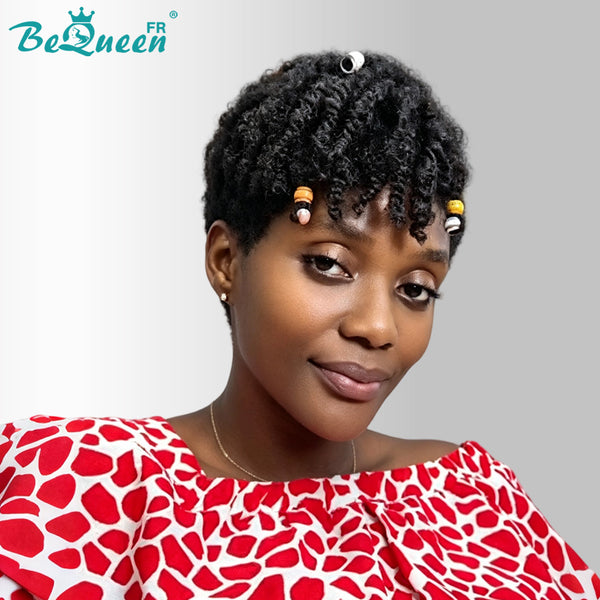 BeQueen "Orla" Perruque pixie Afro Curly Noir dentelle frontale 13X4 Sans colle perruque naturelle avec tresse Déjà stylé