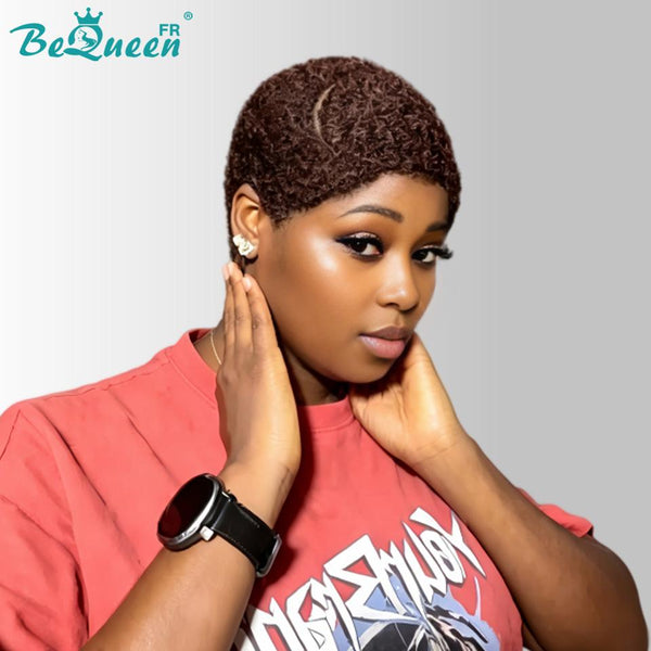BeQueen "Edwina" Brown Low-Cut Afro Wig, 100% Human Hair, Style 4