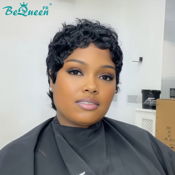 Bequeen Peruca “Chioma” Pixie preto encaracolado, feita à máquina, sem cola, pronta a usar, estilo 9