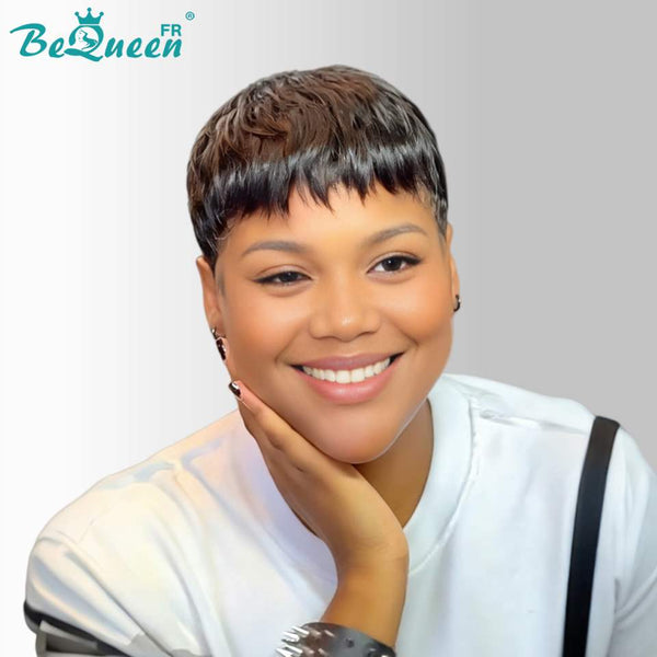 BeQueen  "suey" Perruques Pixie Lisse Courte à la machine avec un faux cuir chevelu sur le haut de la tête style 36