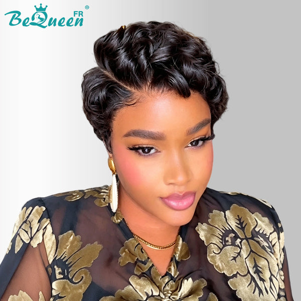 Bequeen Perruque “Suwe” Pixie noir Sans colle Frontale Lace Avec Raie Du Côté style 21