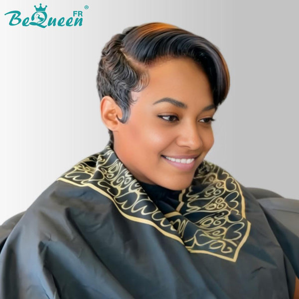BeQueen "Chris" Peruca Pixie Liso raiz preta e castanha, risca lateral, lace frontal sem cola, 100% cabelo raw, boa qualidade, pode durar 20 anos, estilo 20