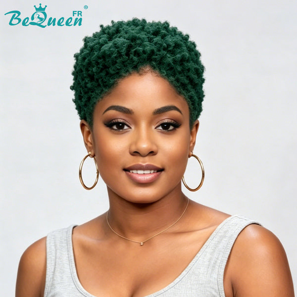 BeQueen "Edwina" Perruque court afro Vert tout avec Lace Frontale 13x4 style 2