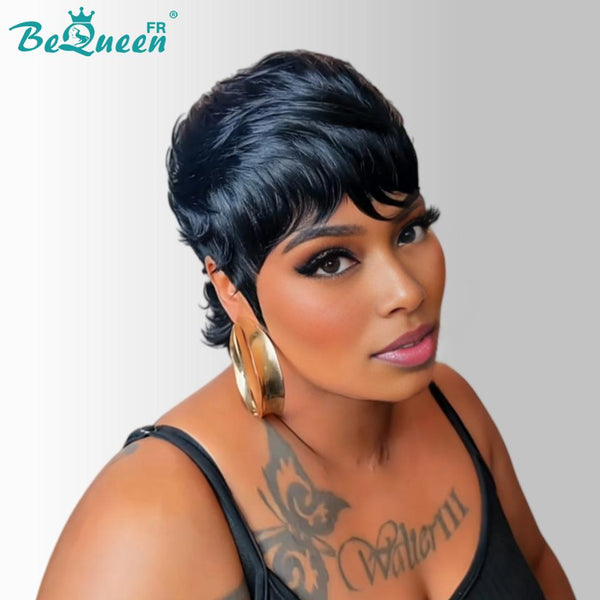 Bequeen Perruque "Suey" lisse à la machine Noir Queue allongée 100% cheveux humains 100% sans colle