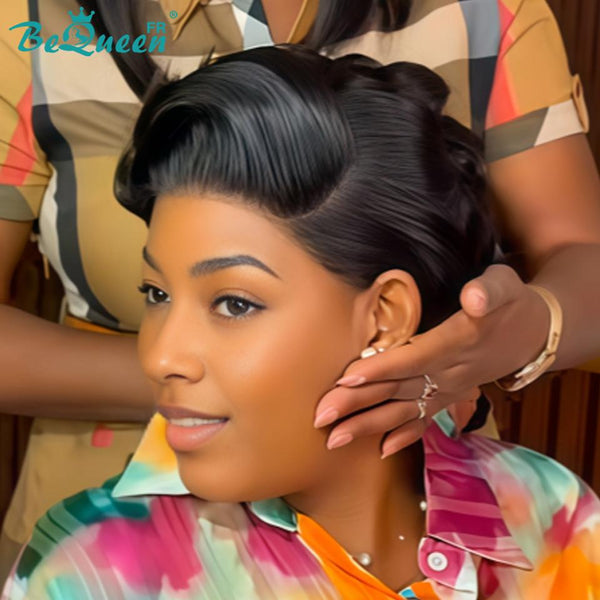 BeQueen "Chris" Glatte Bob-Perücke 8 Zoll schwarz, Seitenscheitel, Front-Lace ohne Kleber, Stil 3, halber Preis