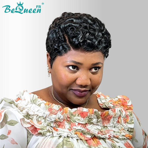 BeQueen "Coco" Perruque Noir avec lace frontale kinky curly pixie sans colle 100% cheveux humains style 5