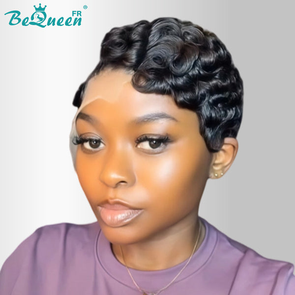 Bequeen Perücke „Chioma“ Pixie, schwarz, lockig, mit Front Lace, 100 % Raw Hair, gute Qualität, kann 20 Jahre halten