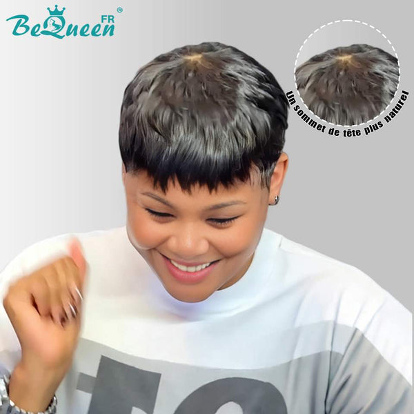 BeQueen  "suey" Perruques Pixie Lisse Courte à la machine avec un faux cuir chevelu sur le haut de la tête style 36