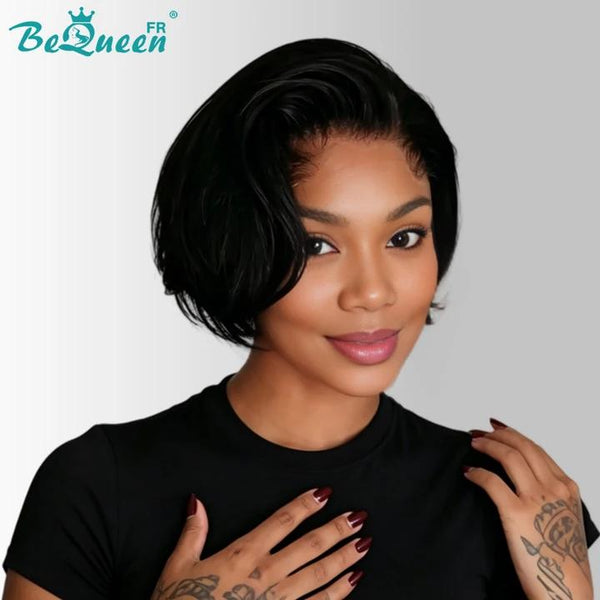 BeQueen "Chris" Peruca Pixie Liso raiz preta e castanha, risca lateral, lace frontal sem cola, 100% cabelo raw, boa qualidade, pode durar 20 anos, estilo 20