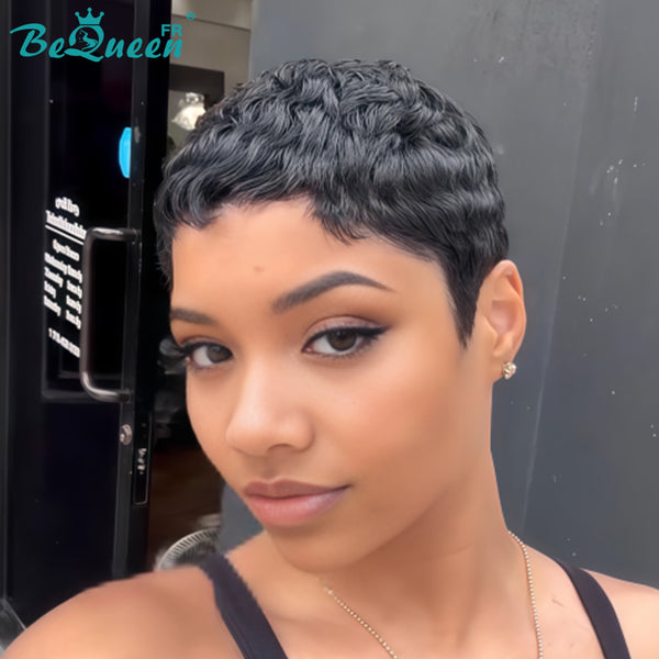 Bequeen Perruque “Chioma” Pixie noir curly à la machine sans colle Prêt à porter style 12