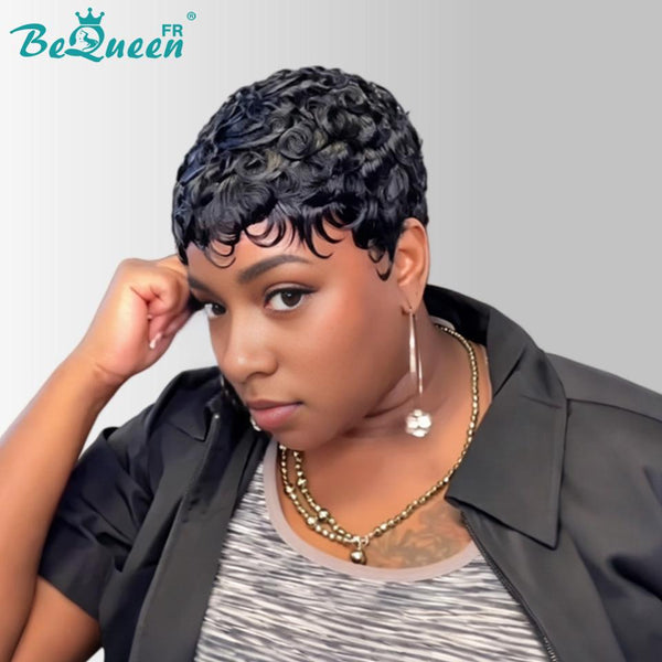 Bequeen Peruca “Chioma” Pixie preta cacheada, feita à máquina, sem cola, pronta a usar, estilo 15