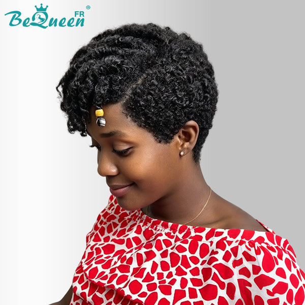BeQueen "Orla" Perruque pixie Afro Curly Noir dentelle frontale 13X4 Sans colle perruque naturelle avec tresse Déjà stylé