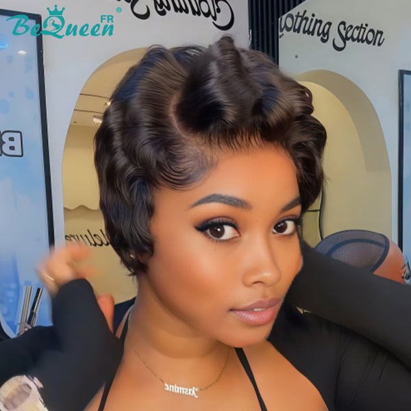 Bequeen Perücke „Chioma“ Pixie, schwarz, lockig, Lace-Front ohne Kleber, sofort tragbar, Style 12