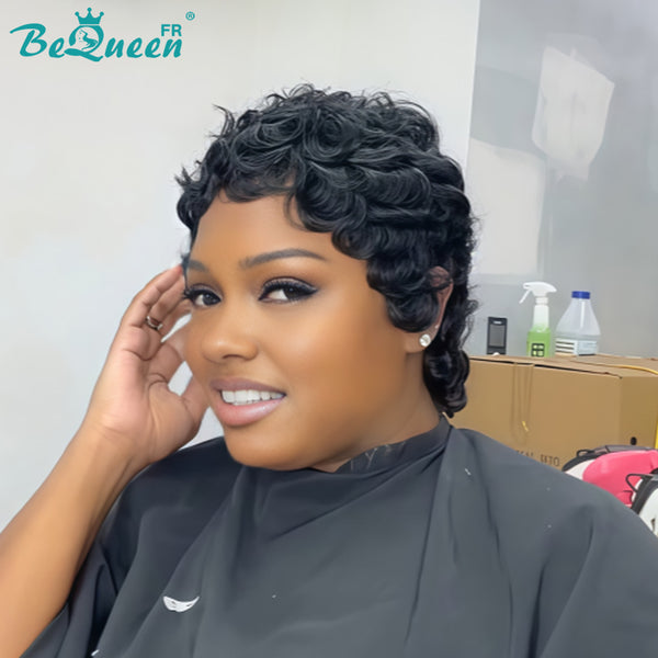 Bequeen Peruca “Chioma” Pixie preto encaracolado, feita à máquina, sem cola, pronta a usar, estilo 9