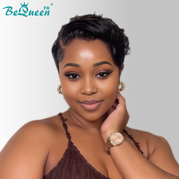 BeQueen "Chris" Perruque Pixie Lisse Noir Raie du côté lace frontale sans colle 100% raw hair bonne qualité peut durer 20 ans style 25
