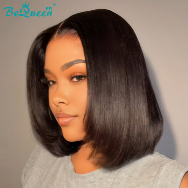 BeQueen “Klaus” Peluca bob Kinky Straight longitud 10 pulgadas con lace frontal 13*4, raya lateral sin pegamento