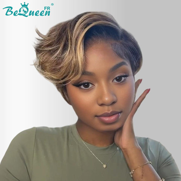 BeQueen Perruque "Amber" Marron mix Miel pixie lisse avec lace frontale 13*4 100% cheveux humains