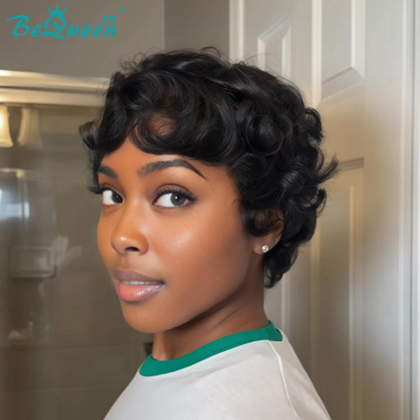 Bequeen Peruca “Chioma” Pixie preta cacheada, feita à máquina, sem cola, pronta a usar, estilo 15