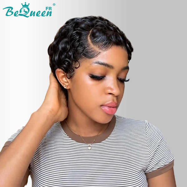 Bequeen Peluca “Suwe” Pixie negro Sin pegamento Frontal Lace Con raya lateral estilo 11