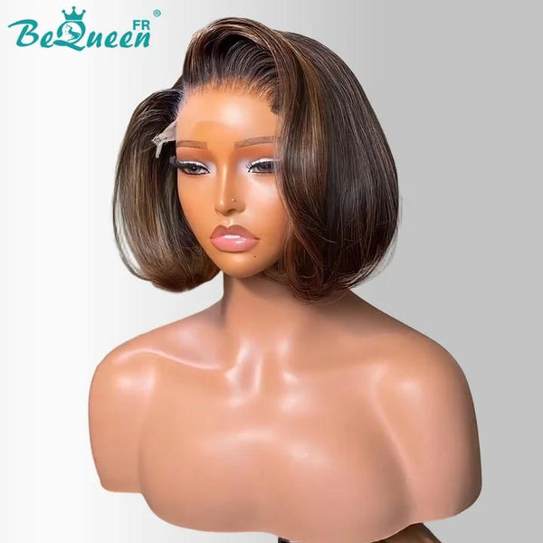 BeQueen "Chris" Peluca pixie lisa con raíz negra y marrón, raya lateral, lace frontal sin pegamento, 100% raw hair, buena calidad, puede durar 20 años, estilo 20