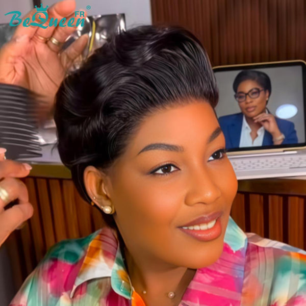 BeQueen "Chris" Glatte Bob-Perücke 8 Zoll schwarz, Seitenscheitel, Front-Lace ohne Kleber, Stil 3, halber Preis