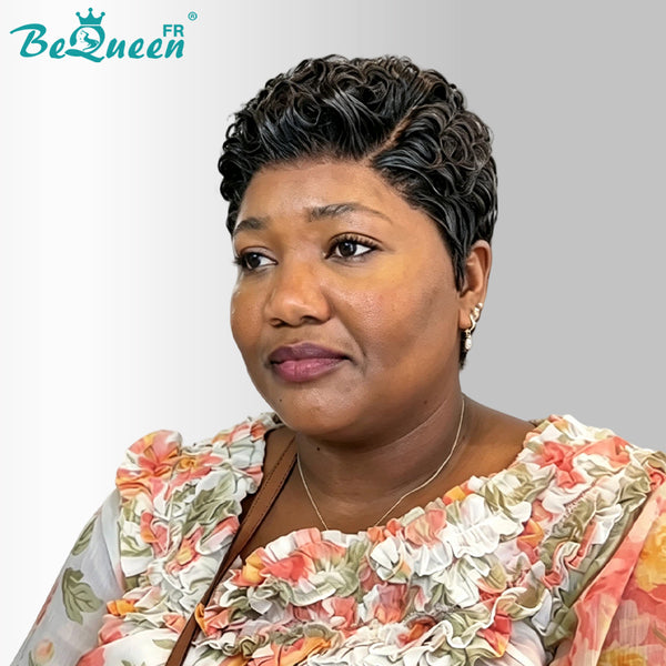 BeQueen "Coco" Perruque Noir avec lace frontale kinky curly pixie sans colle 100% cheveux humains style 5