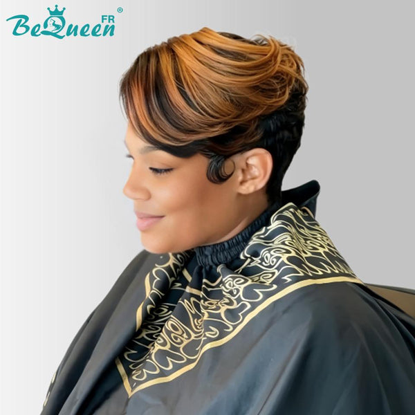 BeQueen "Chris" Peruca Pixie Liso raiz preta e castanha, risca lateral, lace frontal sem cola, 100% cabelo raw, boa qualidade, pode durar 20 anos, estilo 20