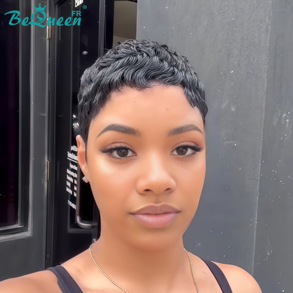 Bequeen Perruque “Chioma” Pixie noir curly à la machine sans colle Prêt à porter style 12