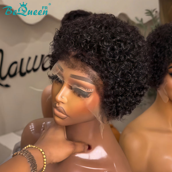 BeQueen "Enya" Perruque Bob Afro Curly Noir avec lanugo dentelle frontale 13X4 Sans colle perruque naturelle