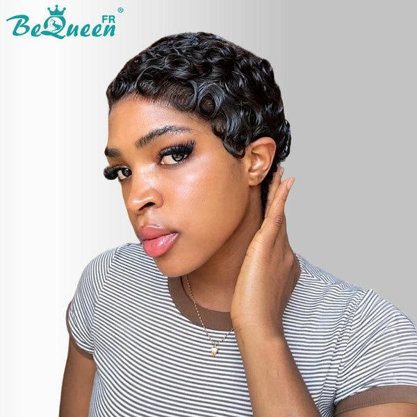 Bequeen Peluca “Suwe” Pixie negro Sin pegamento Frontal Lace Con raya lateral estilo 11