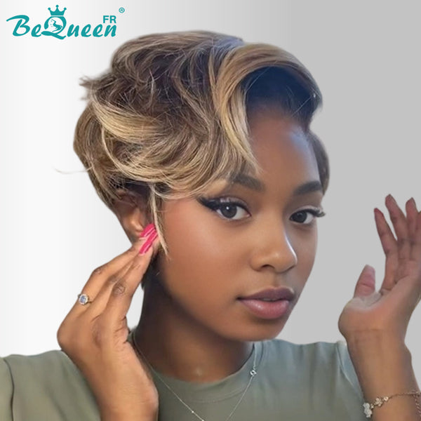 BeQueen Perruque "Amber" Marron mix Miel pixie lisse avec lace frontale 13*4 100% cheveux humains