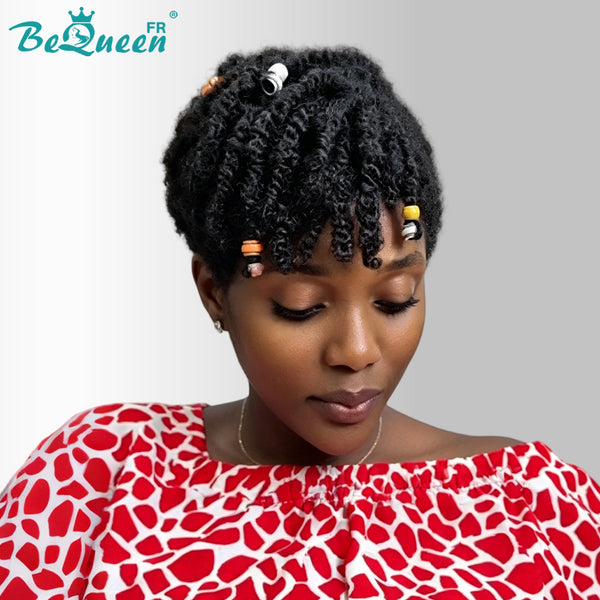 BeQueen "Orla" Perruque pixie Afro Curly Noir dentelle frontale 13X4 Sans colle perruque naturelle avec tresse Déjà stylé