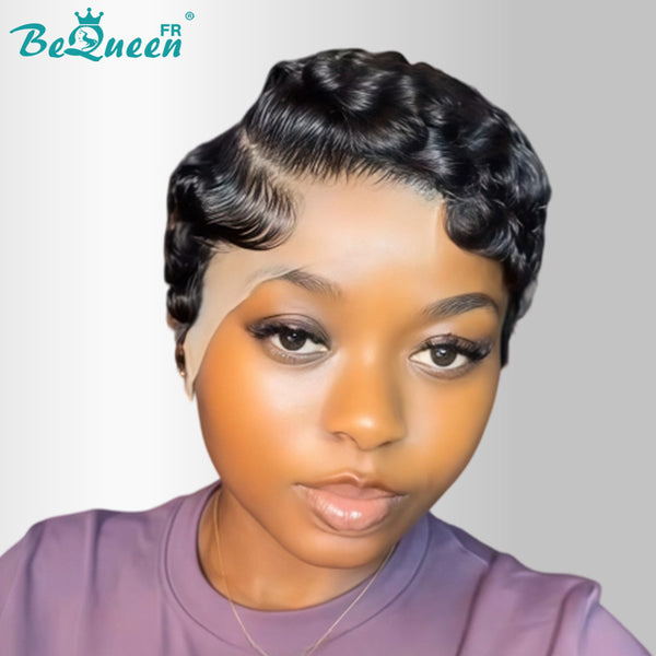 Bequeen Perücke „Chioma“ Pixie, schwarz, lockig, mit Front Lace, 100 % Raw Hair, gute Qualität, kann 20 Jahre halten