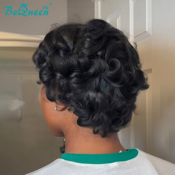 Bequeen Peruca “Chioma” Pixie preta cacheada, feita à máquina, sem cola, pronta a usar, estilo 15
