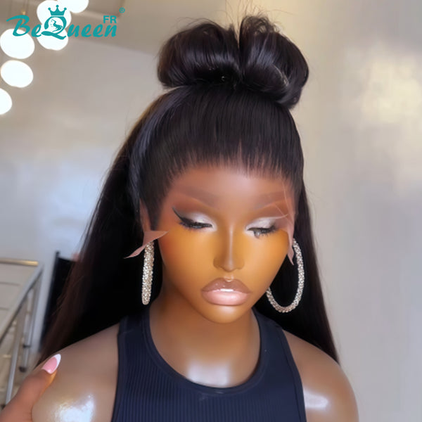 BeQueen "Mina" Peluca larga lisa color negro con lace frontal y moño, a mitad de precio