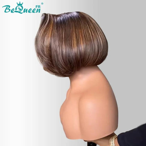 BeQueen "Chris" Peluca pixie lisa con raíz negra y marrón, raya lateral, lace frontal sin pegamento, 100% raw hair, buena calidad, puede durar 20 años, estilo 20