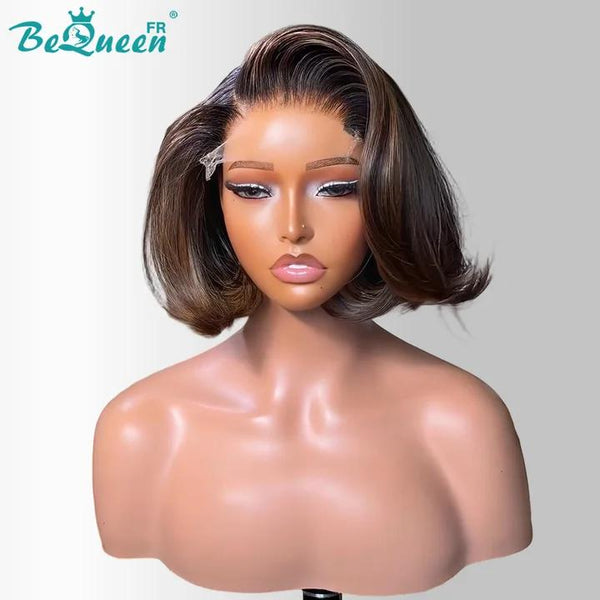 BeQueen "Chris" Peluca pixie lisa con raíz negra y marrón, raya lateral, lace frontal sin pegamento, 100% raw hair, buena calidad, puede durar 20 años, estilo 20