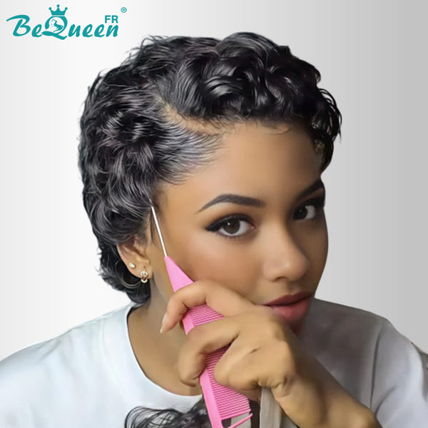 Bequeen "Chioma" Black Curly Pixie Wig, Machine-Made or Lace Front, Glue-Free, Ready to Wear