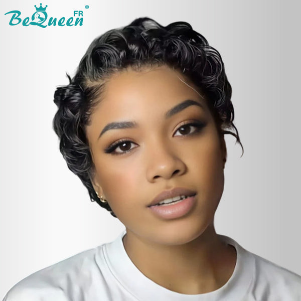 Bequeen "Chioma" Black Curly Pixie Wig, Machine-Made or Lace Front, Glue-Free, Ready to Wear