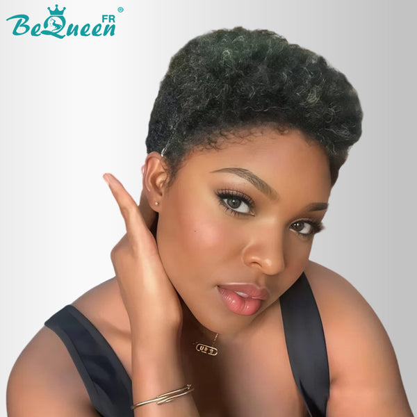 BeQueen "Edwina" Perruque court afro Couleur Noir mix vert avec Lace Frontale 13x4