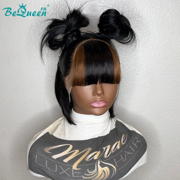 Bequeen Perruque "Naomi" noir mix miel avec frange avec chigon 100% cheveux humains style 2
