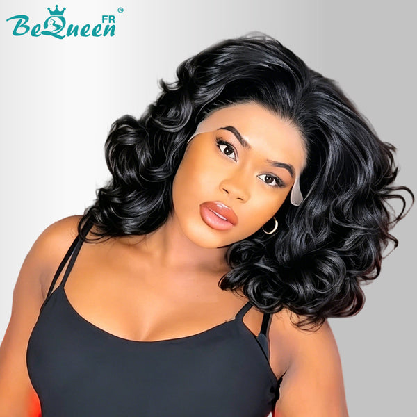 BeQueen "Polysia" schwarze Bob-Perücke mit lockigem Bouncy-Stil, 43, mit Front-Lace, 100% Raw Hair, gute Qualität, kann 20 Jahre halten