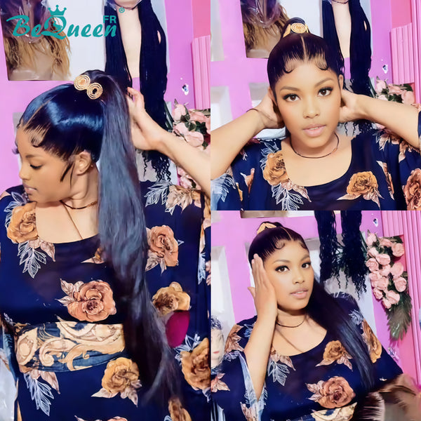 BeQueen "Florance" Straight Bob Wig, 30 Inches, Black, with Full Lace Ponytail, Glueless, Half Price