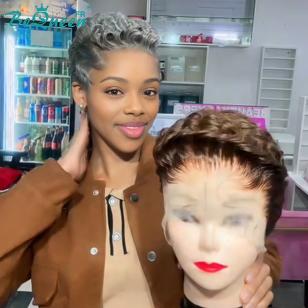 Bequeen Perruque “Chioma” Pixie marron ou gris curly avec lace frontale
