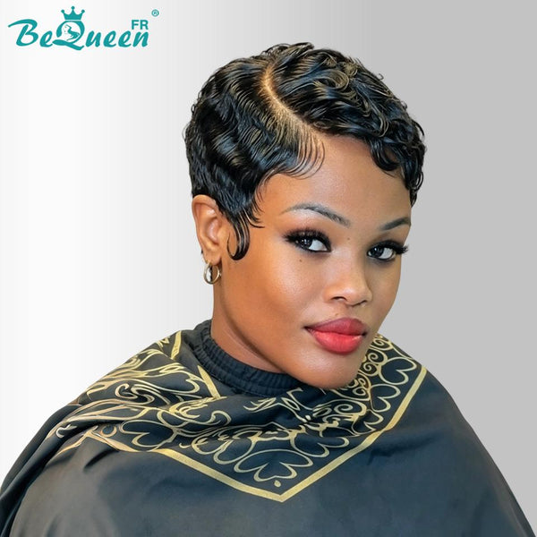 Bequeen Perruque “Suwe” Pixie noir Sans colle Frontale Lace Avec Raie Du Côté style 28