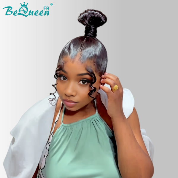 BeQueen "Florance" Perruque Lisse noir avec chignon lace pleine sans colle Moitié prix style 10