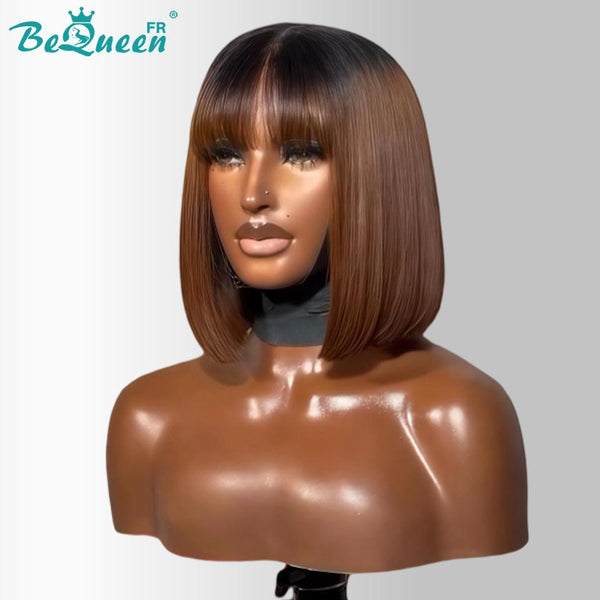 BeQueen "Yumi" Perruque Bob Racine Noir et marron Lisse avec frange 10 Pouces Moitié prix