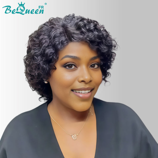 Bequeen Peruca “Coco” pixie encaracolada preta, à máquina ou com lace frontal, sem cola, com risca ao lado, estilo 10