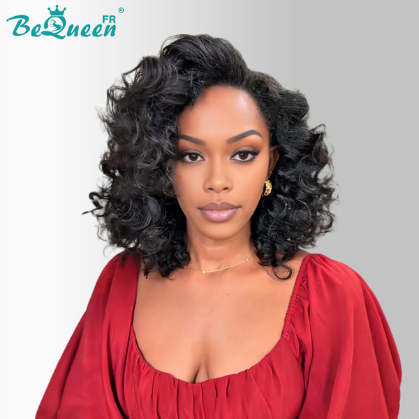 BeQueen "Polysia" Peruca Bob preta encaracolada estilo bouncy 43 com lace frontal, 100% raw hair, boa qualidade, pode durar 20 anos