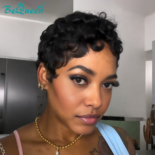 Peluca Bequeen "Chioma" Pixie negra rizada sin pegamento, lista para usar